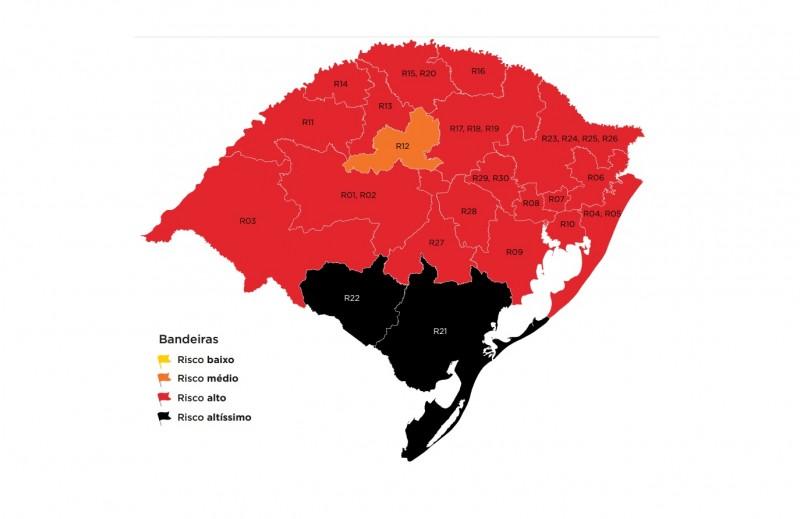 RS tem duas regiões em bandeira preta no mapa prévio; Guaíba segue em sinalização vermelha