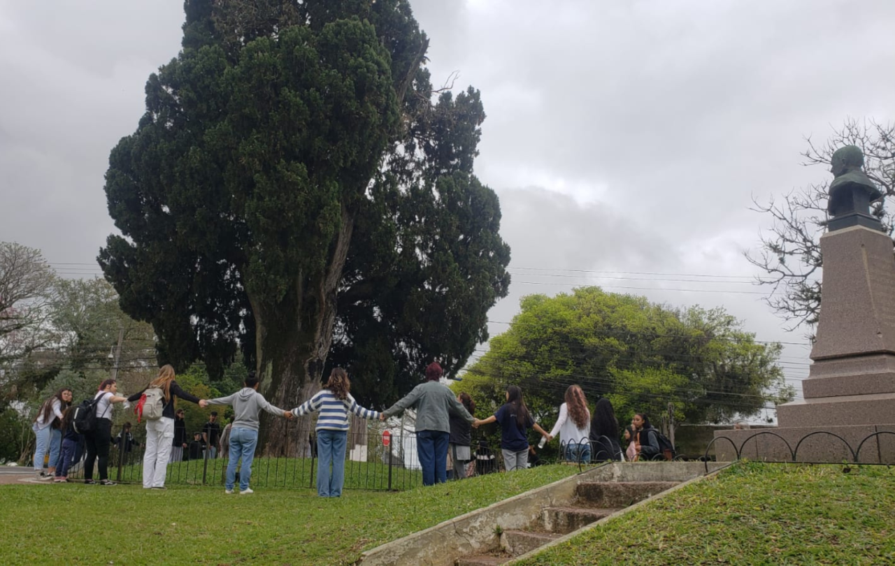 Estudantes da escola Gomes Jardim abraçam o cipreste farroupilha no Dia Internacional da Paz